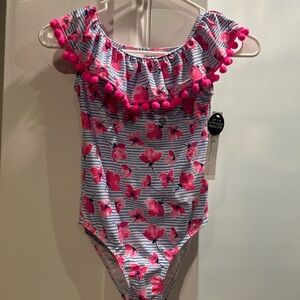 Nicole Miller Big Girls Size 10 1 Pc Swimsuit Pink Blue Pom Pom Floral NWT